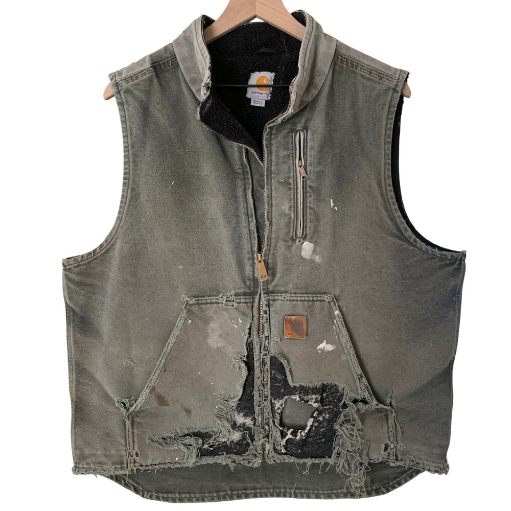 Carhartt V33 355 Men Large Distressed Sherpa Lined Duck Vest Army Green
